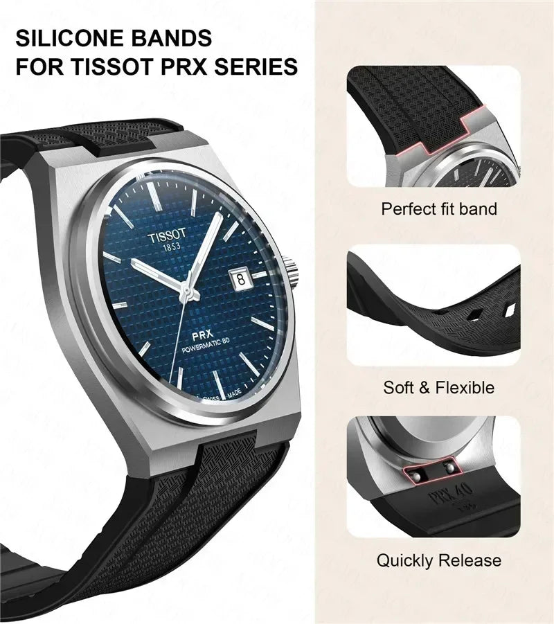 Pour Tissot PRX T137.407/T137.410 Bracelet en Silicone à dégagement rapide Super Player 40mm hommes Bracelet de montre en caoutchouc convexe 12mm
