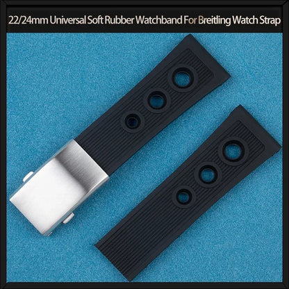 Universal Soft Rubber Watch Strap, Black, 22mm, 24mm, for Breitling Super Ocean Avenger Huawei, Folding Clasp Bracelet