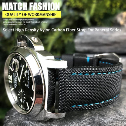 22mm 24mm 26mm Watch Strap for Panerai Luminor PAM01661, Black and Blue Nylon Fabric, Genuine Leather Canvas, Screw Pin Buckle