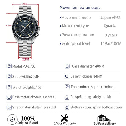 Orologio da uomo Moon 40mm con cronografo al quarzo - PAGANI DS N Tribute CK2998 Retro Sport