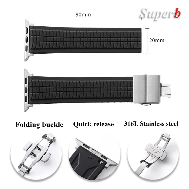 Rubber band for Apple Watch, 46mm 45mm 44mm 42mm, for Iwatch Ultra 2 1 49mm Series 10 9 8 7 Se 6 5 Se, Luxury strap