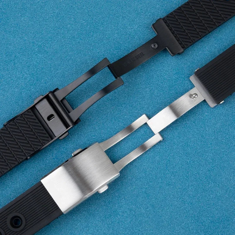 Universal Soft Rubber Watch Strap, Black, 22mm, 24mm, for Breitling Super Ocean Avenger Huawei, Folding Clasp Bracelet
