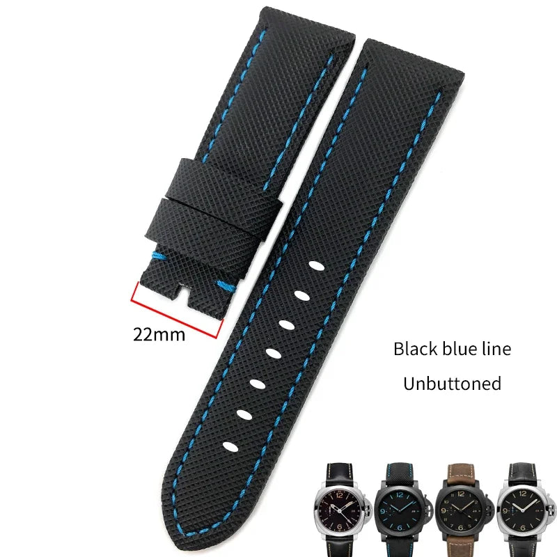 22mm 24mm 26mm Watch Strap for Panerai Luminor PAM01661, Black and Blue Nylon Fabric, Genuine Leather Canvas, Screw Pin Buckle