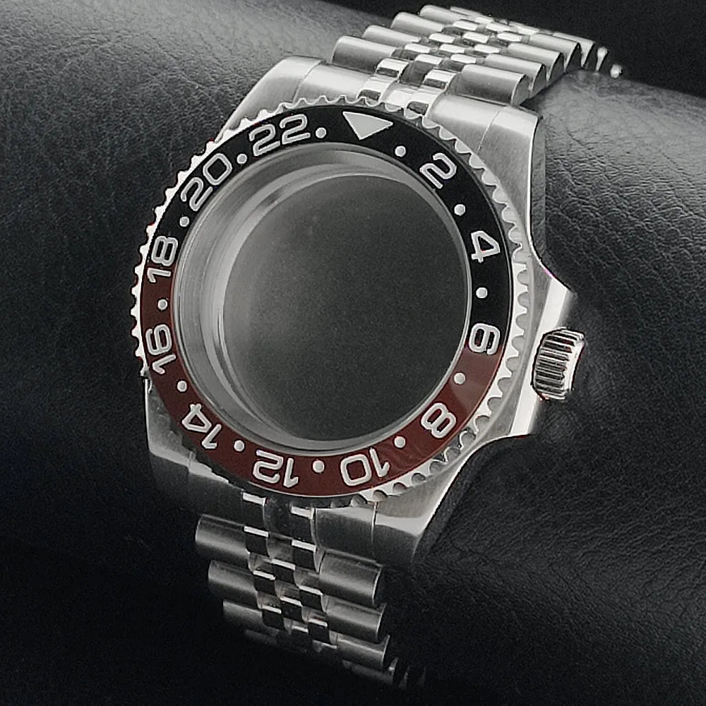 Nouveau 40.5mm GMT fit NH-34 boîtier en argent lunette peut tourner dans les deux directions saphir boîtier de montre étanche pièces de montre accessoires