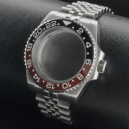 Nouveau 40.5mm GMT fit NH-34 boîtier en argent lunette peut tourner dans les deux directions saphir boîtier de montre étanche pièces de montre accessoires