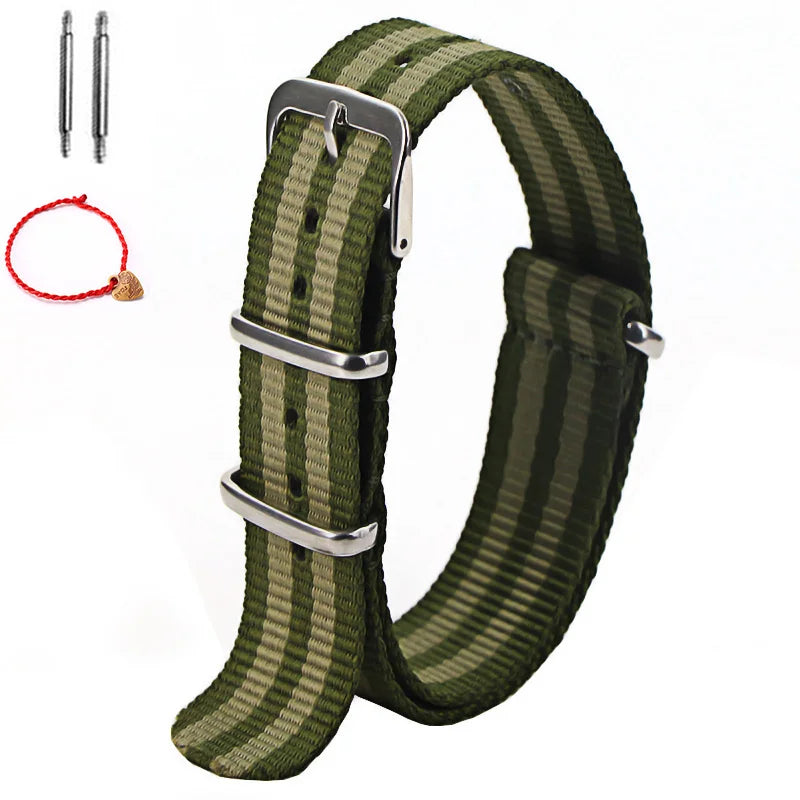 Bracelet de montre à rayures de remplacement pour hommes et femmes, en Nylon, avec boucle ardillon argentée, 16MM 18MM 20MM 22MM, bracelet à dégagement rapide