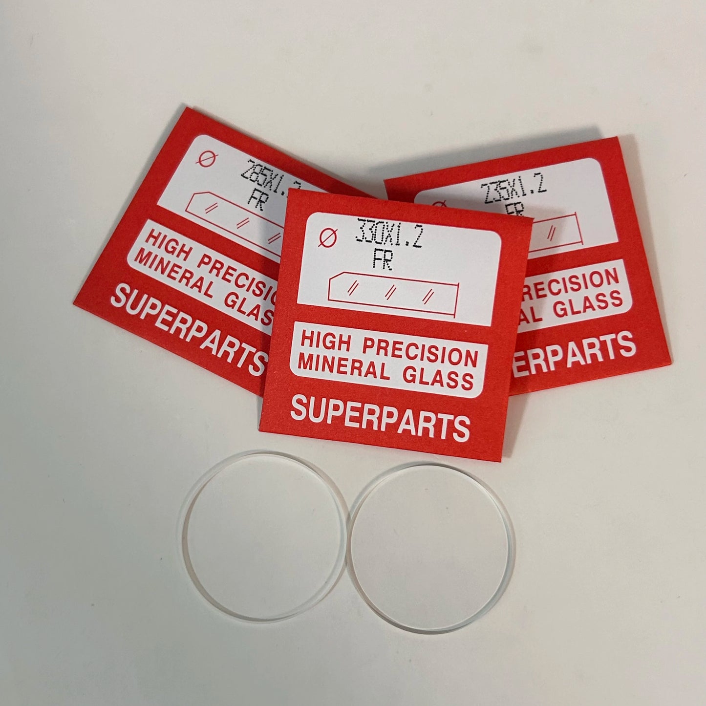 Flat Type Mineral glass set, 1.2mm thickness, 23.5mm-38mm, round watch crystal with 0.4mm thickness 1.05mm height, plastic gasket