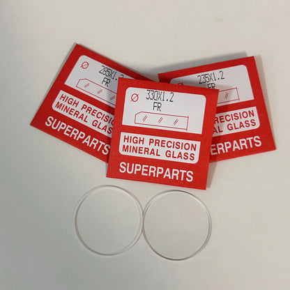 Flat Type Mineral glass set, 1.2mm thickness, 23.5mm-38mm, round watch crystal with 0.4mm thickness 1.05mm height, plastic gasket