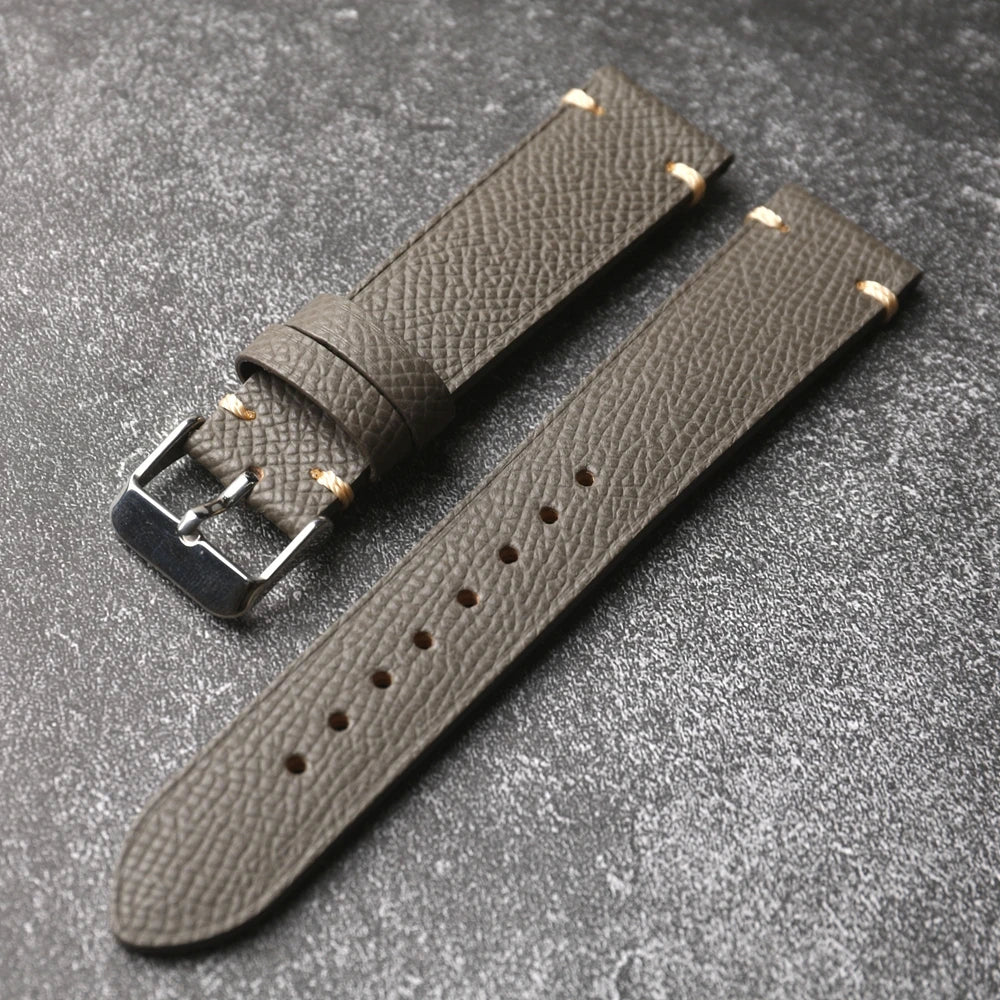 Handmade genuine leather strap, 18 19 20 22MM brown black grey, soft Italian genuine palm grain leather strap, vintage style