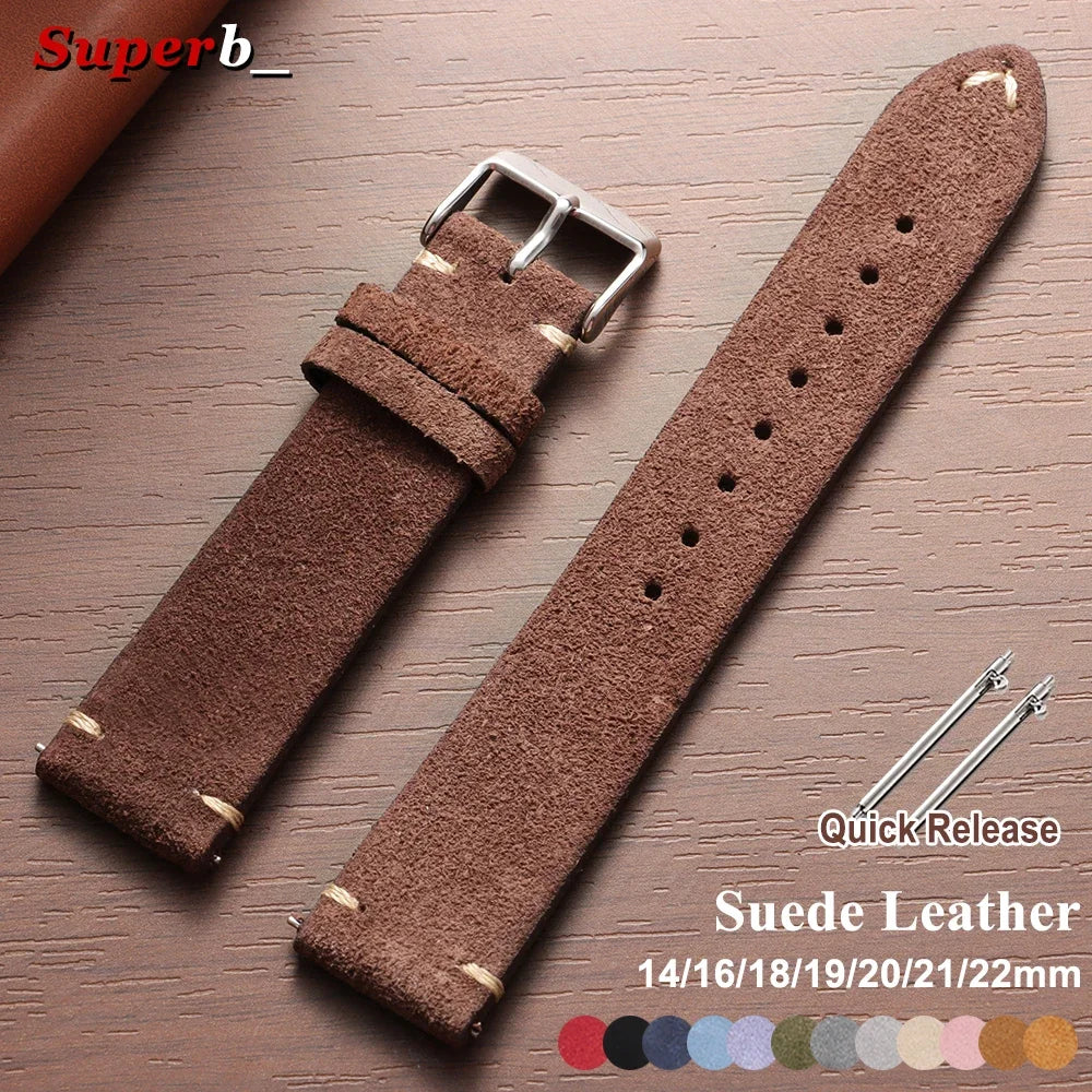 Bracelet de montre Vintage en cuir suédé, bracelet de montre en cuir de veau à dégagement rapide, 14/16/18/19/20/21/22mm, bracelet de remplacement avec boucle ardillon