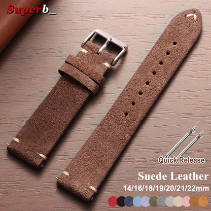 Bracelet de montre Vintage en cuir suédé, bracelet de montre en cuir de veau à dégagement rapide, 14/16/18/19/20/21/22mm, bracelet de remplacement avec boucle ardillon