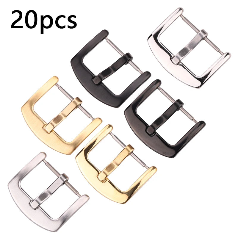 Boucles de bracelet de montre en métal, fermoirs en acier inoxydable, argent, noir, or, accessoires, vente en gros, 18mm, 20mm, 22mm, 24mm, 20 pièces