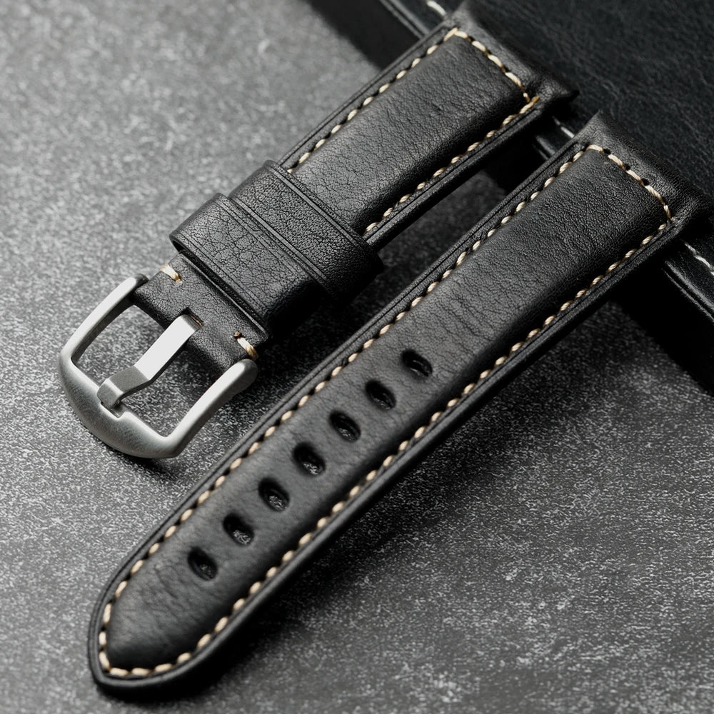 Handmade Leather Watch Strap Black 20 22 24 26MM Head Layer Cowhide Men's Mechanical Watch Band, Retro Style Black Strap