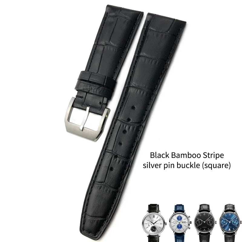 Bracelet de montre en cuir de veau véritable, grain d'alligator, compatible avec IWC Pilot Portuguese Serie, disponible en noir, marron et bleu