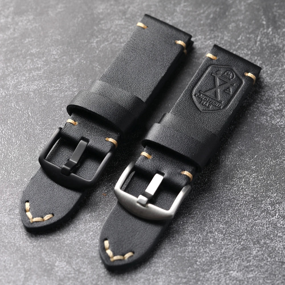 Handmade Cowhide Leather Watch Strap, Top Layer, 20 22 24 26MM, Black, Soft, Foldable, No Sandwich, Flexible