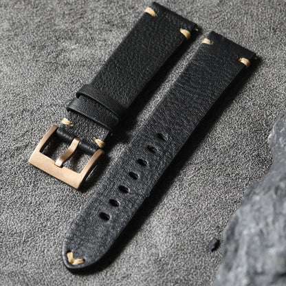 Handmade Top Layer Cowhide Leather Strap, Black Brown Bronze Watchband 19 20 21 22MM, Pure Copper Bezel, Bronze Watch Accessories