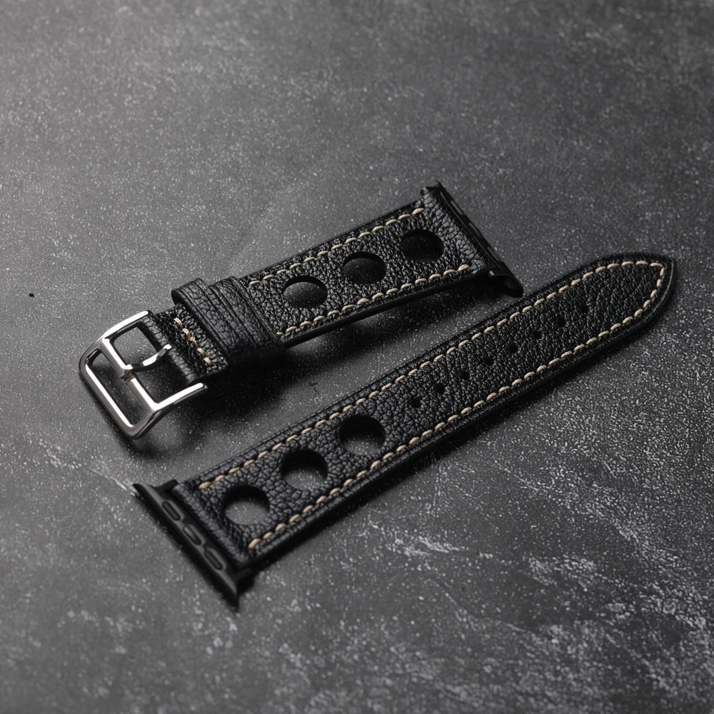 Handmade Breathable Leather Strap for Apple Watch S10 Ultra 2, Brown, Black, Goatskin, 46mm, 45mm, 49mm