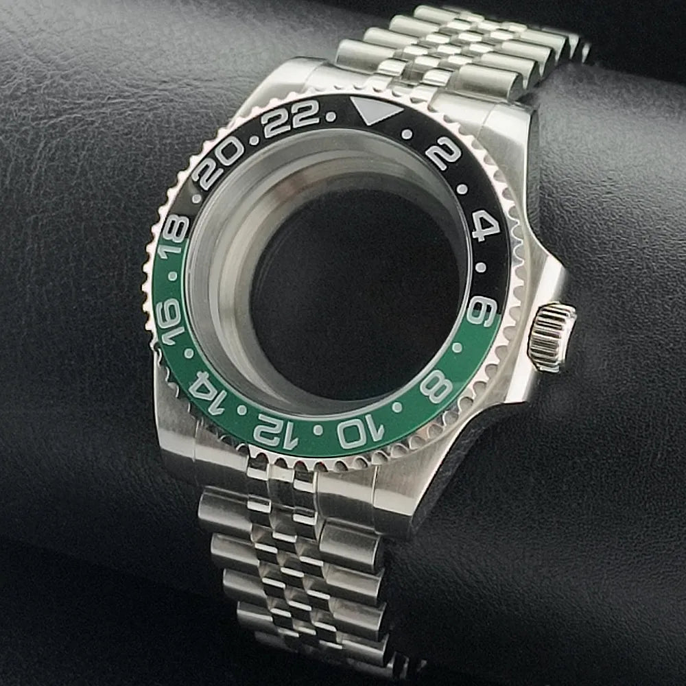 Nouveau 40.5mm GMT fit NH-34 boîtier en argent lunette peut tourner dans les deux directions saphir boîtier de montre étanche pièces de montre accessoires