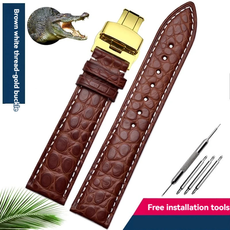 Bracelet en peau de crocodile véritable pour homme et femme, bracelet en alligator, fermoir papillon, Longines, Omega, Mido, Tissot, Rossini, 16mm, 18mm, 20mm, 22mm