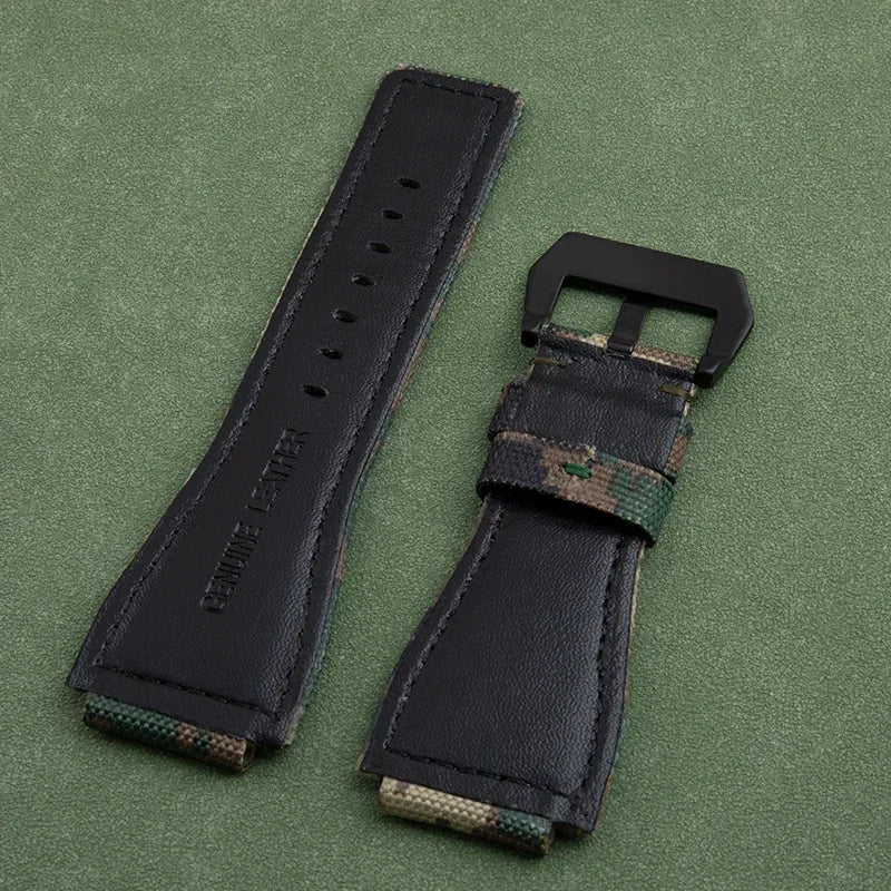 Soft Nylon Canvas Watch Strap, Green Camouflage, 34x24mm, for Bell Bracelet, Suitable for BR01 BR03 Ross, Convex End Pin Buckle