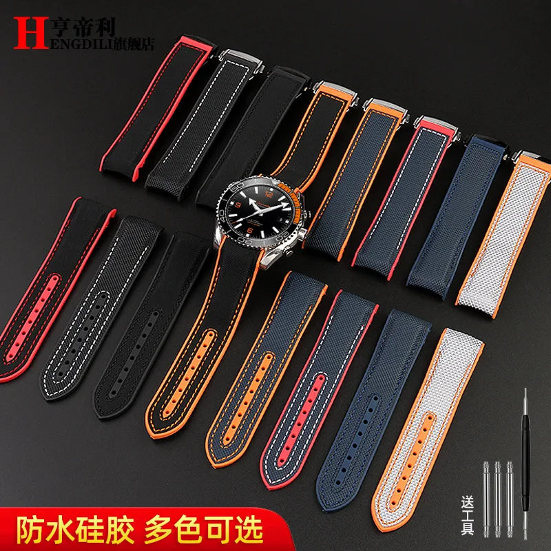 Bracelet à extrémité incurvée pour hommes, 8 couleurs, pour Omega Seamaster 300 Ocean Speedmaster 8900 Planet Ocean, 20m 22mm, tissu en Nylon et caoutchouc