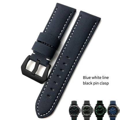 22mm 24mm 26mm Watch Strap for Panerai Luminor PAM01661, Black and Blue Nylon Fabric, Genuine Leather Canvas, Screw Pin Buckle
