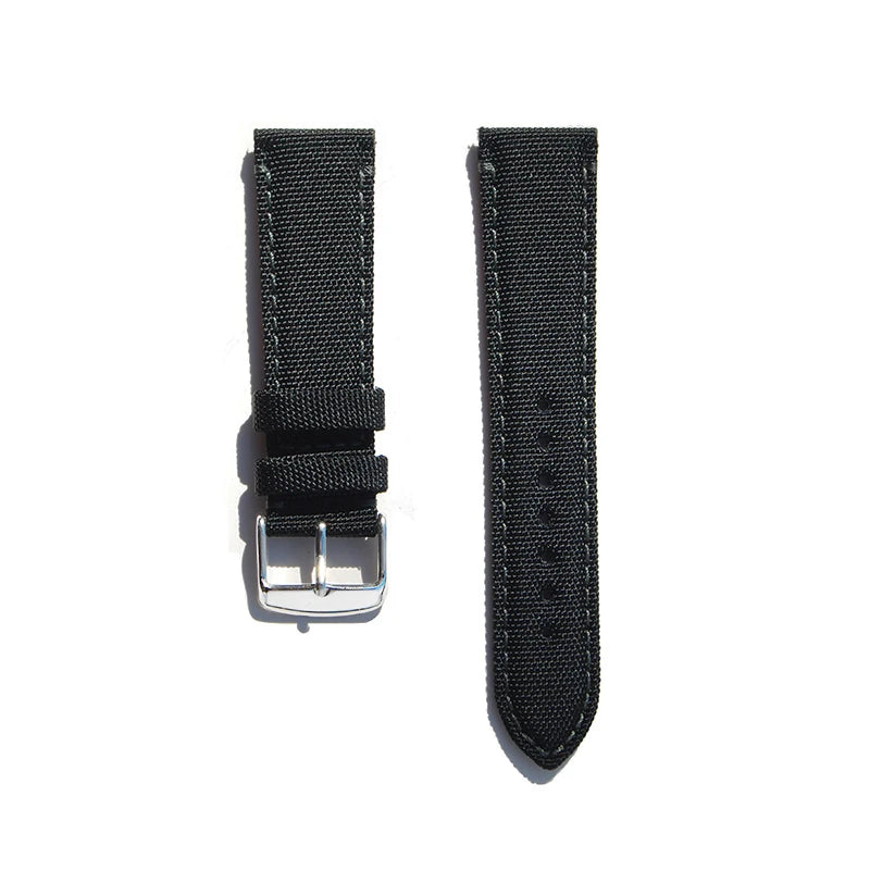 Premium Quality Nylon Black Sailcloth Leather Stitched Watch Strap 18mm 20mm 22mm