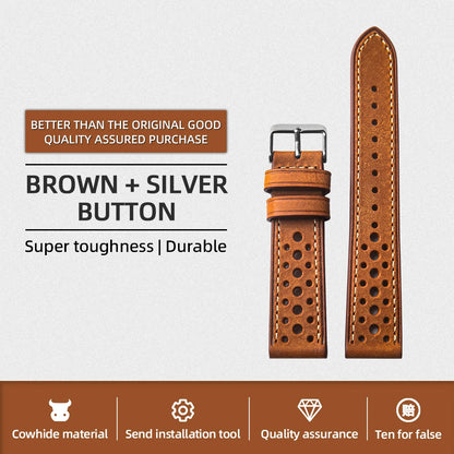 Men's Cowhide Leather Watch Strap, Handmade Top Layer, Italian Genuine Leather 18 19 20 21 22MM, Breathable Hole Design, Vintage