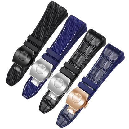 Bracelet de montre pliable en nylon et cuir véritable, bracelet de montre en silicone, noir, bleu, haute qualité, compatible avec Franck Muller, série V45, 28mm