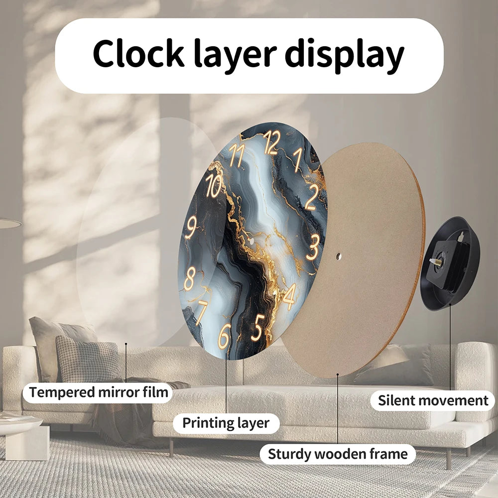 1-piece wooden wall clock, fantasy theme - blue and gold marble textured pattern, silent clock with tempered film veneer, suitable