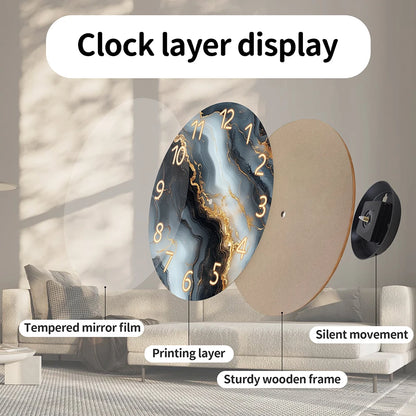 1-piece wooden wall clock, fantasy theme - blue and gold marble textured pattern, silent clock with tempered film veneer, suitable