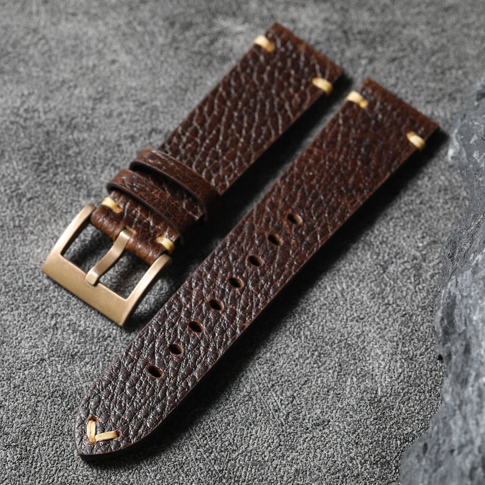 Handmade Top Layer Cowhide Leather Strap, Black Brown Bronze Watchband 19 20 21 22MM, Pure Copper Bezel, Bronze Watch Accessories
