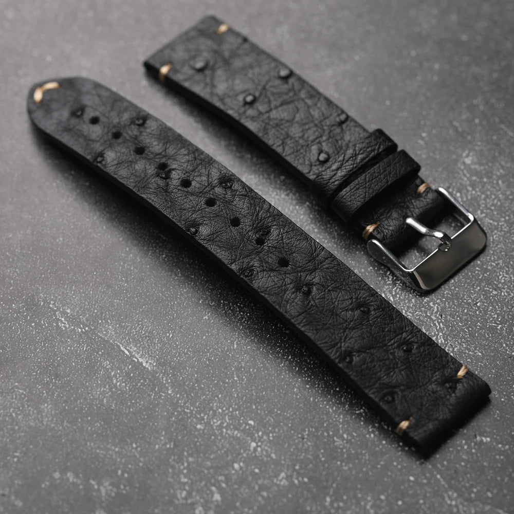 Cinturino per orologio in pelle di struzzo ultra sottile fatto a mano 18 19 20 21 22 MM Bracciale morbido nero da uomo Cinturino in pelle stile vintage