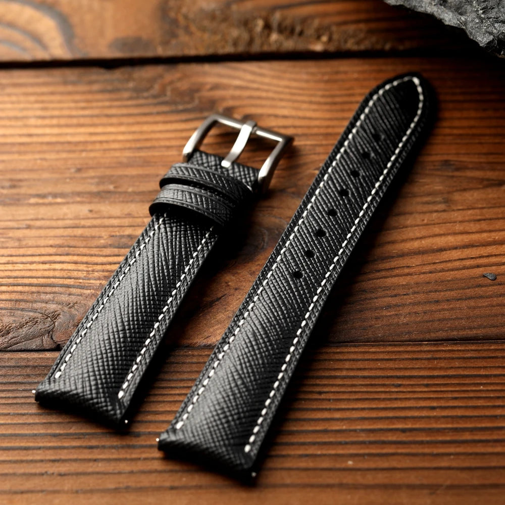 Cinturino per orologio in pelle bovina con motivo incrociato fatto a mano, cinturino in pelle curvo da 18 19 20 mm, braccialetto da uomo in stile retrò a sgancio rapido, blu nero