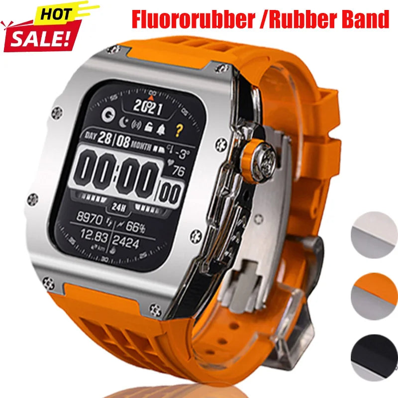 Kit de modification pour Apple Watch 44mm 45mm, bracelet en fluororubber/caoutchouc avec boucle déployante/boucle à ardillon pour iWatch Series 9 8 7 6 5 4, pour la personnalisation