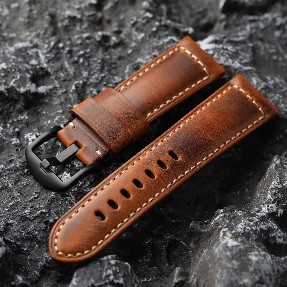 Cinturino per orologio da uomo fatto a mano in pelle bovina, strato superiore, beige, vintage, 20mm, 22mm, 24mm, struttura in bronzo morbido e ispessito