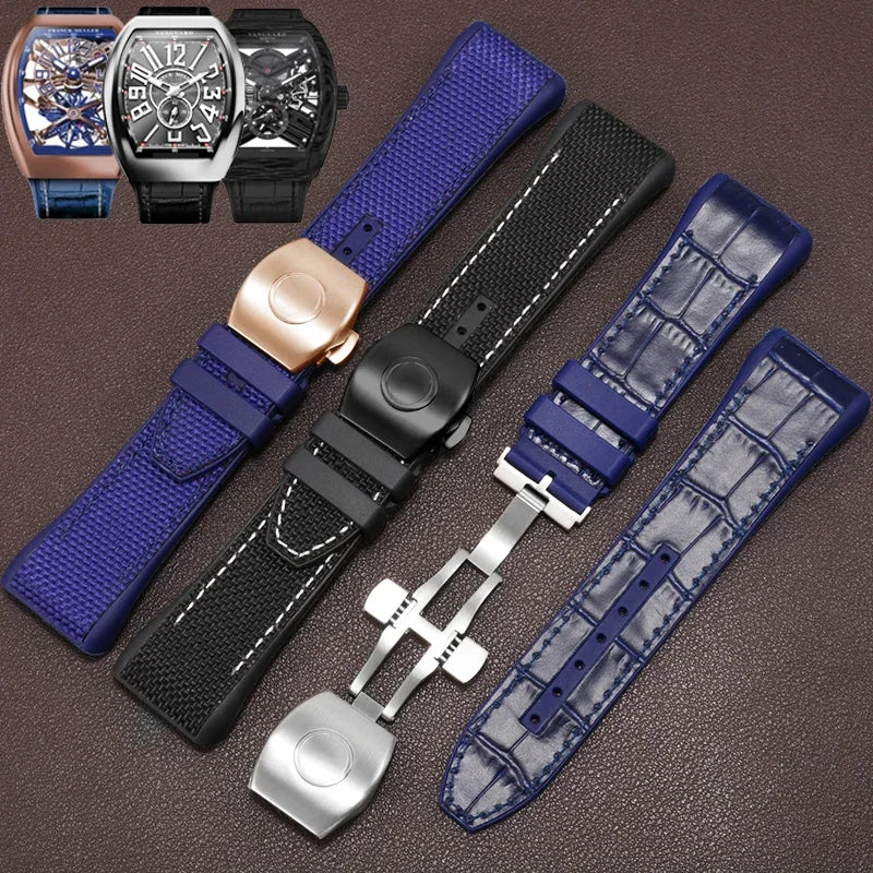 Bracelet de montre pliable en nylon et cuir véritable, bracelet de montre en silicone, noir, bleu, haute qualité, compatible avec Franck Muller, série V45, 28mm