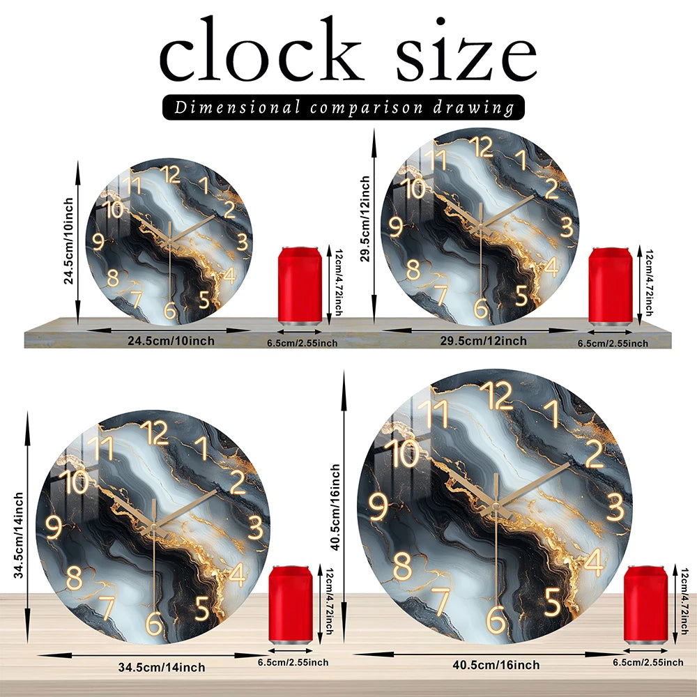 1-piece wooden wall clock, fantasy theme - blue and gold marble textured pattern, silent clock with tempered film veneer, suitable