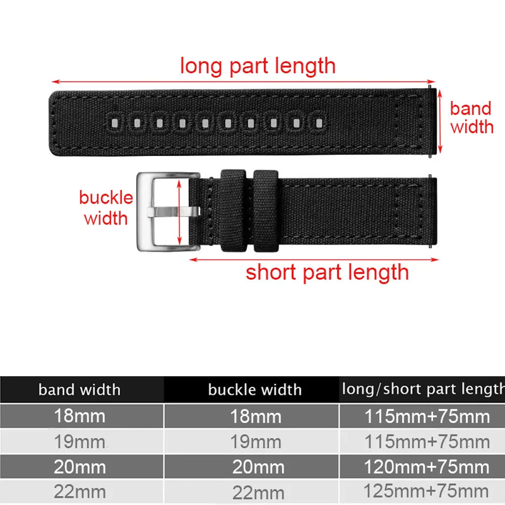 Quick-release nylon canvas watch strap, 18mm 19mm 20mm 22mm, brushed buckle, smartwatch accessories