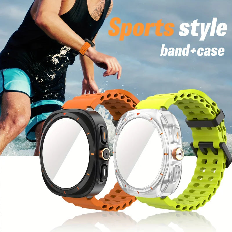 Ensemble d'accessoires pour Samsung Galaxy Watch 7/6 (40mm/44mm), 2 pièces, étui de protection ultra-résistant, bracelet respirant en verre trempé HD