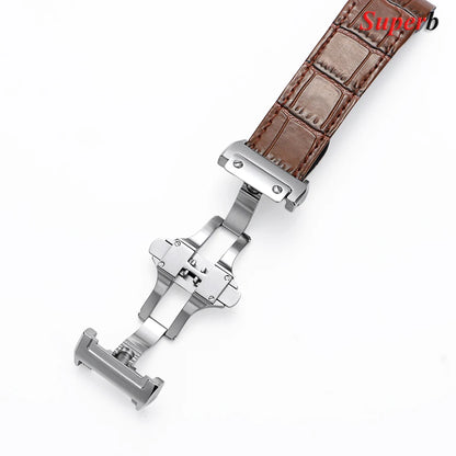 高品质牛皮表带，20mm 23mm，适用于卡地亚山度士（Santos）100系列男女款，防水折叠扣表带