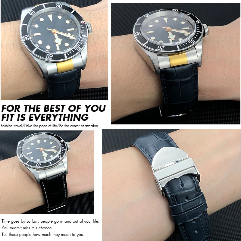 Curved End Genuine Leather Watch Strap, Crocodile Pattern Cowhide Metal Link for Tudor Black Bay 1958 20mm 22mm, Watch Band Tools
