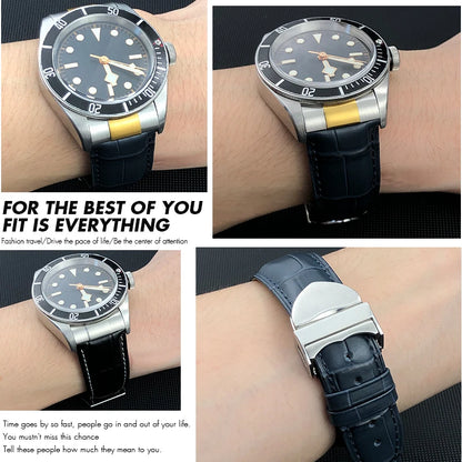 Curved End Genuine Leather Watch Strap, Crocodile Pattern Cowhide Metal Link for Tudor Black Bay 1958 20mm 22mm, Watch Band Tools