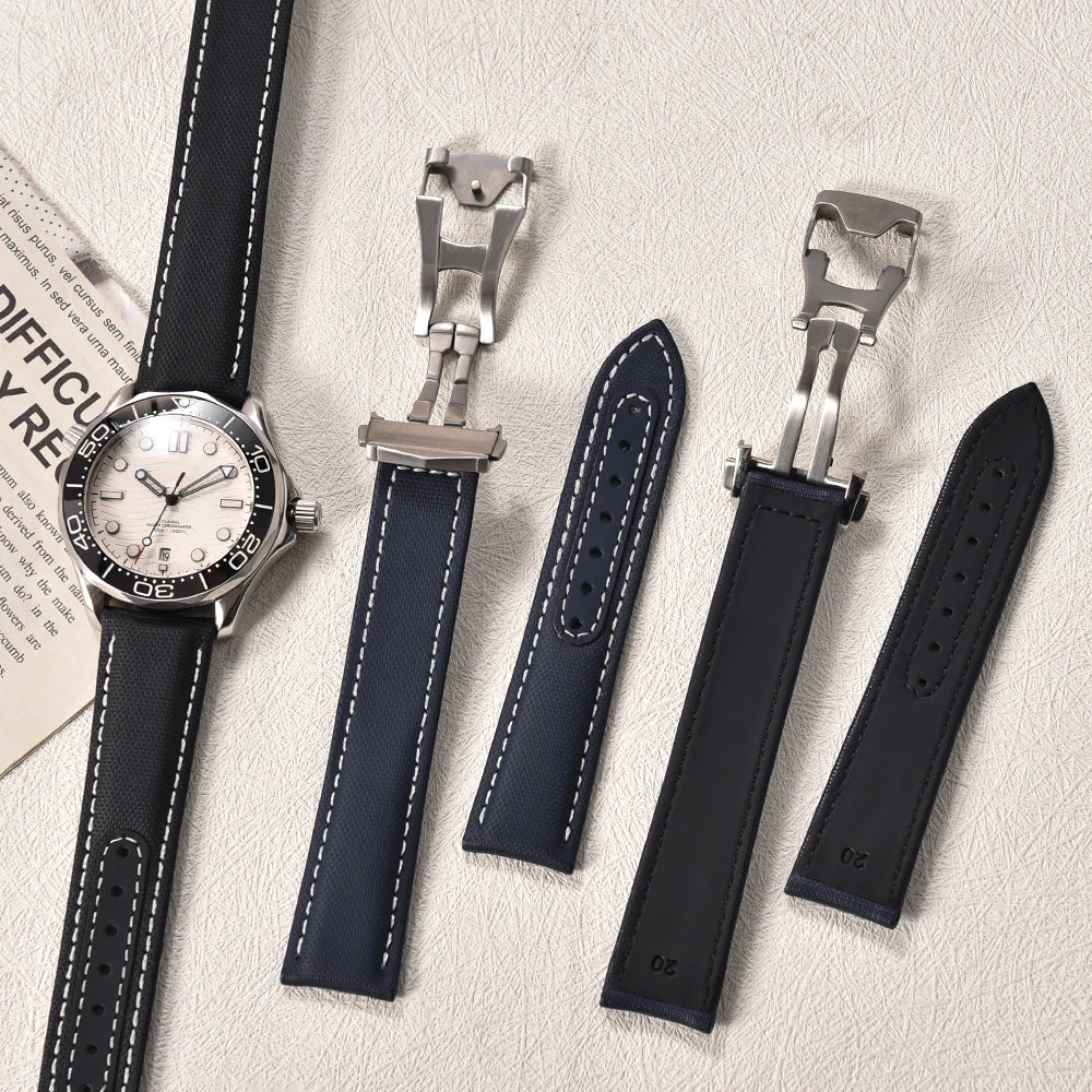Bracelet de montre en Nylon en tissu voile, 20mm 22mm, en cuir, pour Omega Seamaster Swatch, boucle pliante, Bracelet universel