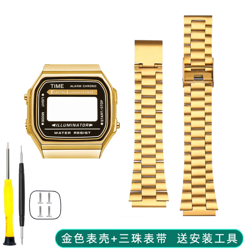 Boîtier de lunette métallique en acier inoxydable + Kit de bracelet pour Casio F91W/A158/A159 – Bracelet de montre et outils de remplacement personnalisés (argent/noir/or)