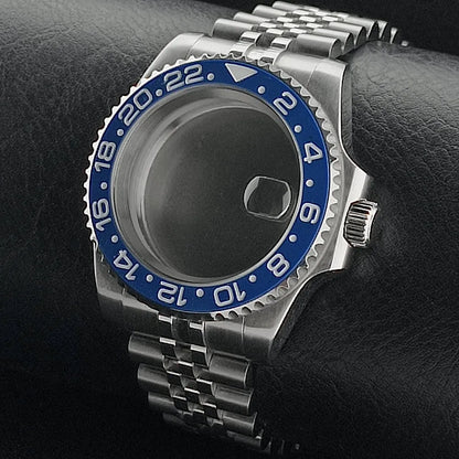 Nouveau 40.5mm GMT fit NH-34 boîtier en argent lunette peut tourner dans les deux directions saphir boîtier de montre étanche pièces de montre accessoires