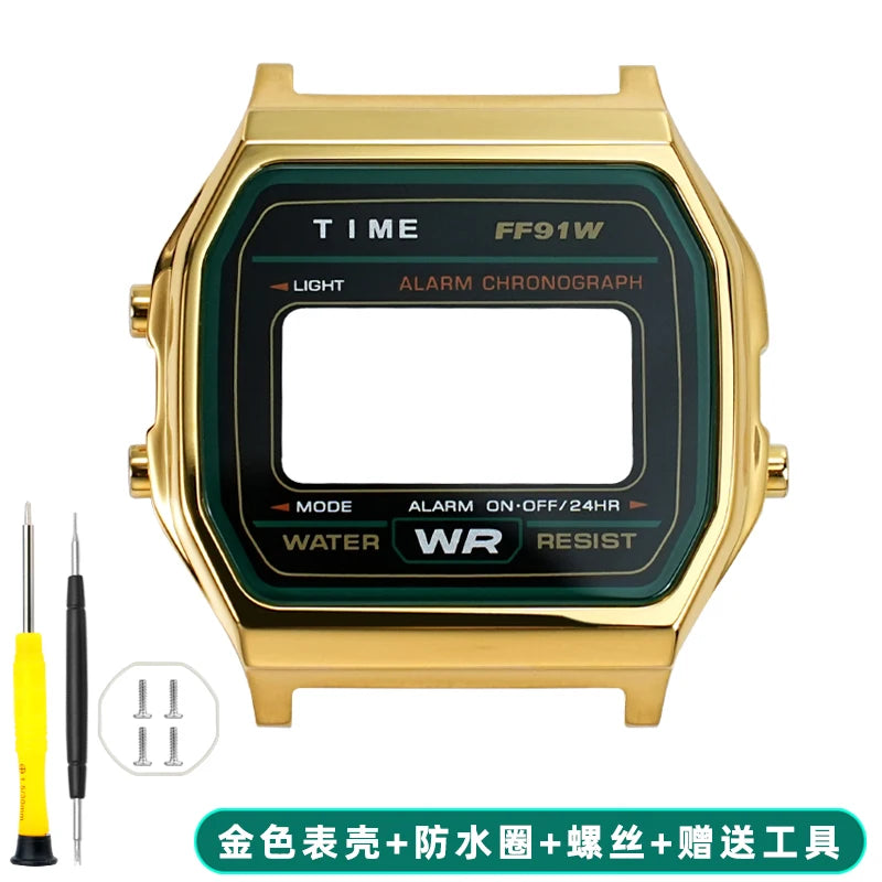 Boîtier de lunette métallique en acier inoxydable + Kit de bracelet pour Casio F91W/A158/A159 – Bracelet de montre et outils de remplacement personnalisés (argent/noir/or)
