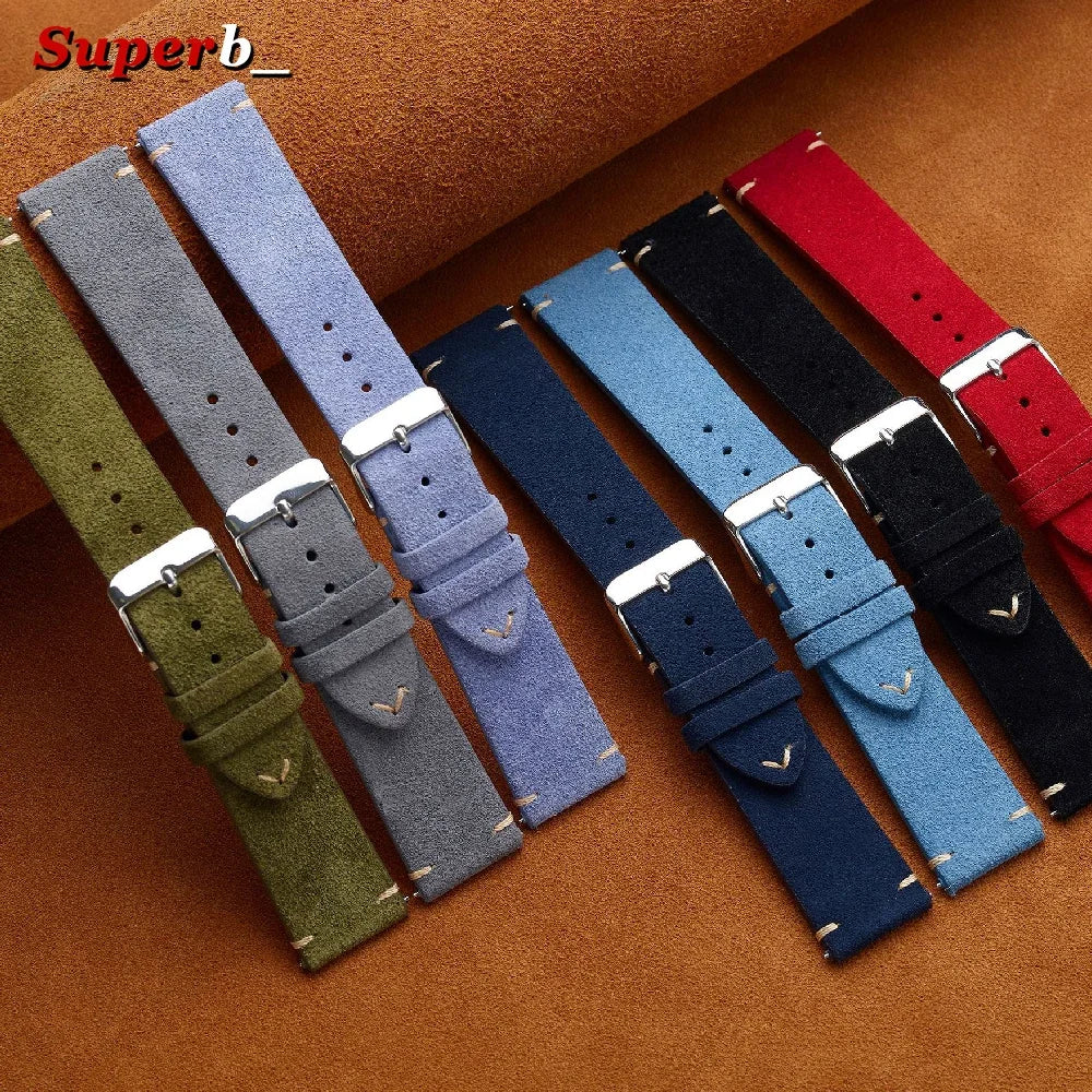 Bracelet de montre Vintage en cuir suédé, bracelet de montre en cuir de veau à dégagement rapide, 14/16/18/19/20/21/22mm, bracelet de remplacement avec boucle ardillon