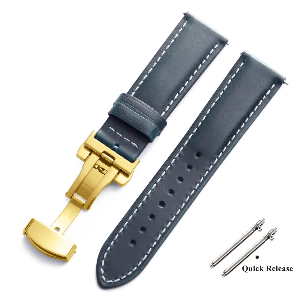 Bracelet de montre Vintage en cuir ciré à l'huile, 18mm 20mm 22mm, couche de tête universelle en cuir de vache, accessoires de Bracelet à boucle papillon