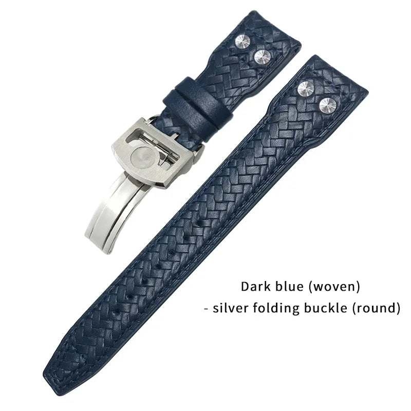 Cinturino per orologio in pelle di vacchetta intrecciata, 22mm 21mm, adatto per orologi IWC Big Pilot TOP GUN IW3777 IW5007, cinturino rivettato in morbida pelle blu